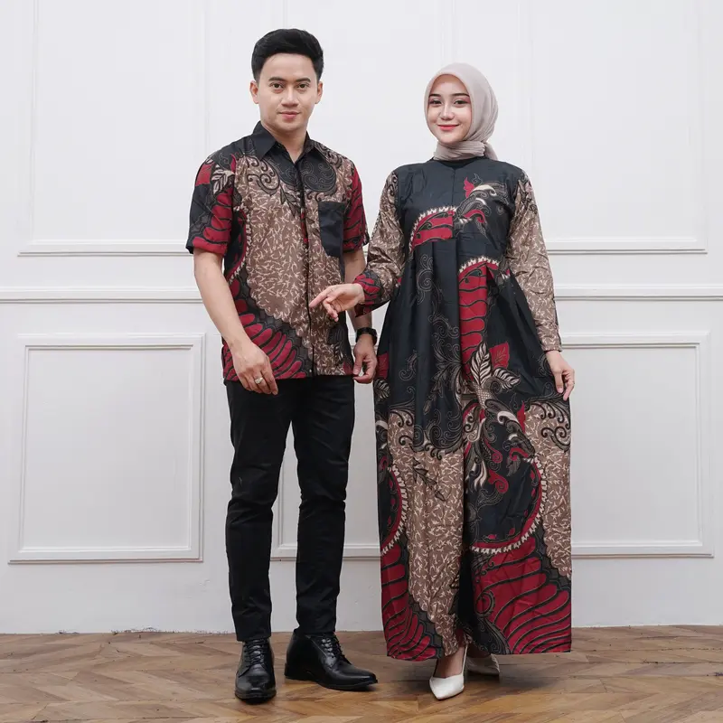 Harga sepasang Baju Pria Wanita Cuople Batik Kekinian 1 Paket Kemeja dan Gamis Sarimbit Polyester Super Premium Modern Pakaian Setelan Kondangan Pesta Muslim Pasangan 6