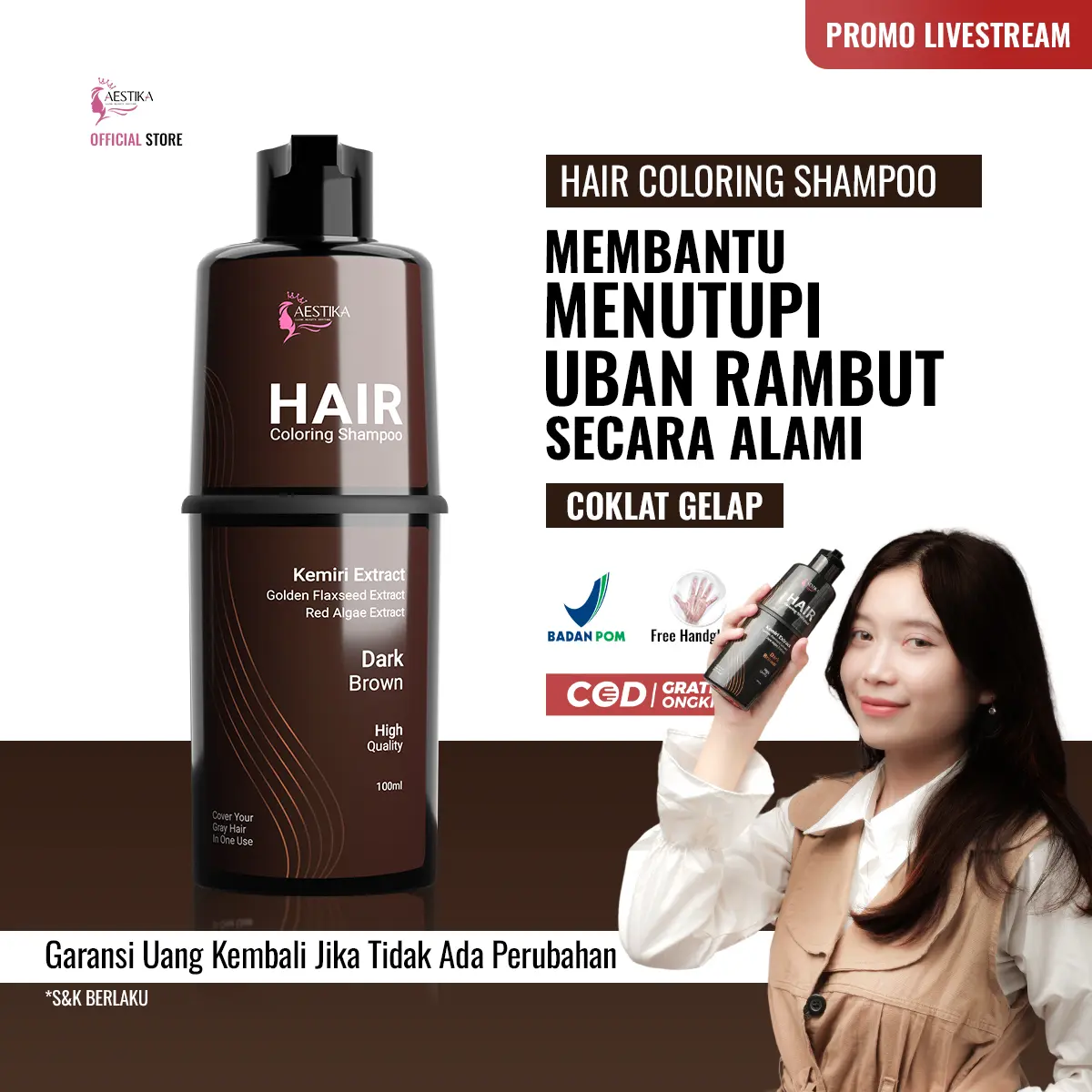 [Promo Live] Aestika Dark Brown Hair Coloring Shampoo - Pewarna Rambut Beruban Kering Red Extract DRK