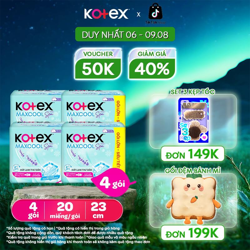 [QUÀ TẶNG HOT] 4 gói băng vệ sinh nữ Kotex Maxcool French Spa ban ngày 23cm Siêu Mỏng Cánh, 20 miếng/gói, Mặt bông, Thấm hút tốt, Chống tràn, Khử mùi, mát lạnh êm, bvs kinh nguyệt nhiều, miễn phí vận chuyển, chính hãng, tampon.