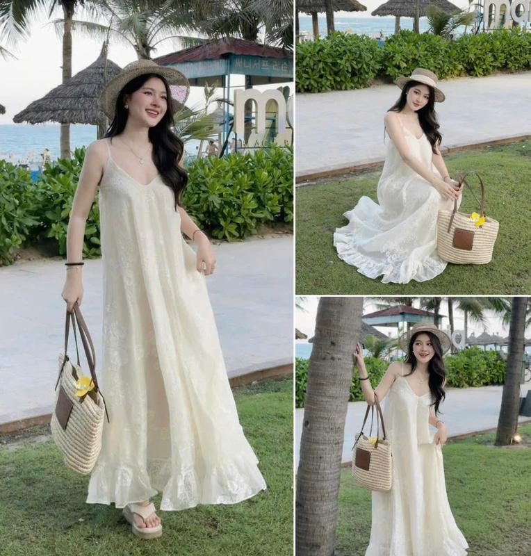 Đầm nữ hai dây chất voan ren hoa 2 lớp kiểu dáng xòe dài trẻ trung sang chảnh (kèm buộc tóc)