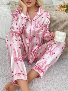 Conjunto de pijama de satín a rayas con estampado de moño, manga larga, ropa de dormir cómoda para mujer, ropa de noche elegante, perfecto para relajarse en casa