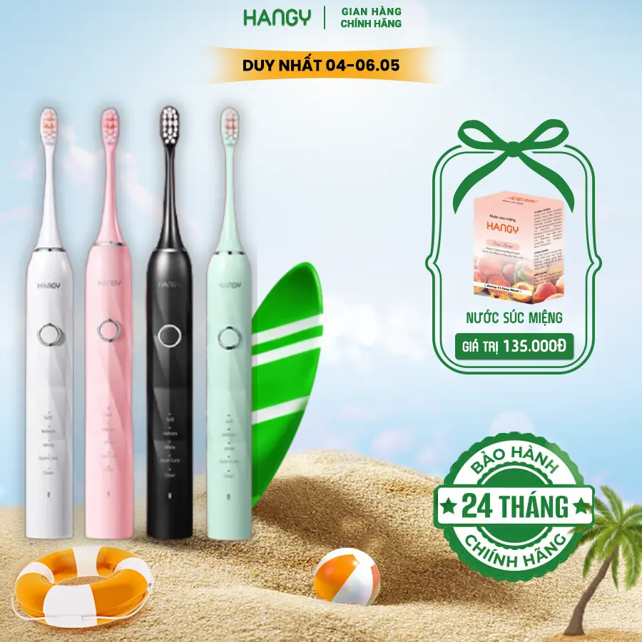 Bàn chải điện HANGY HY23PRO công nghệ sóng âm thông minh, hỗ trợ cải thiện độ trắng răng và hỗ trợ cải thiện mảng bám. Bảo hành 2 năm - lỗi 1 đổi 1 trong 1 năm. Tặng kèm 4 đầu chải