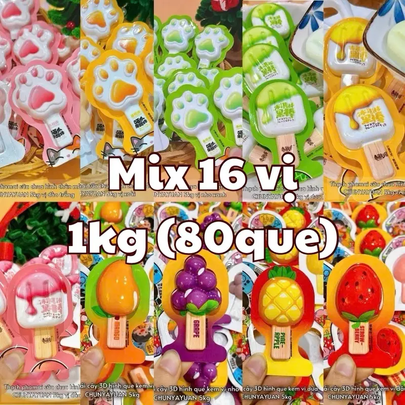 Sỉ 1kg thạch que kem trái cây sữa chua phô mai hình chân mèo, hình que kem trái cây mix nhiều vị phô mai thạch phô mai