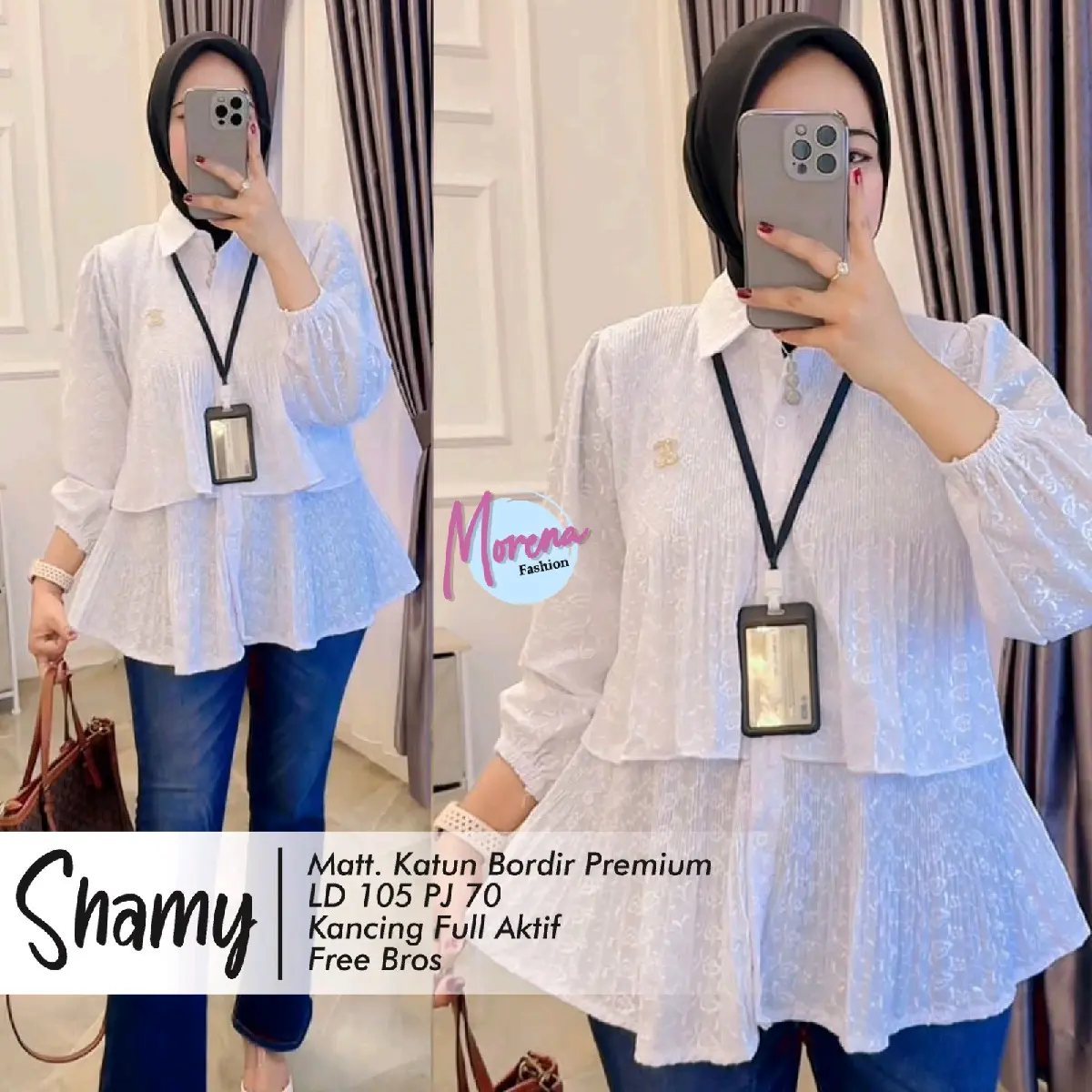(BONUS BROSS) - Shamy blus polos bordir putih Baju Wanita Atasan Top Kancing Katun Kerja Casual Oversize Cewek