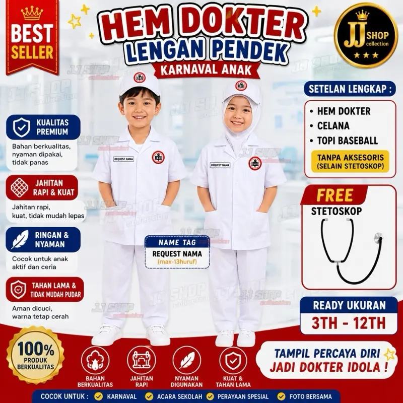 BAJU DOKTER ANAK LENGAN PENDEK DAN TOPI REQUEST NAMA , SETELAN BAJU DOKTER ANAK LENGAN PENDEK HEM DOKTER REQUEST NAMA