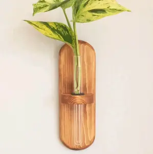 Vas Bunga tenpel dinding tabung Kaca untuk propagasi tanaman media air dengan bahan kayu belanda Aesthetik Jati