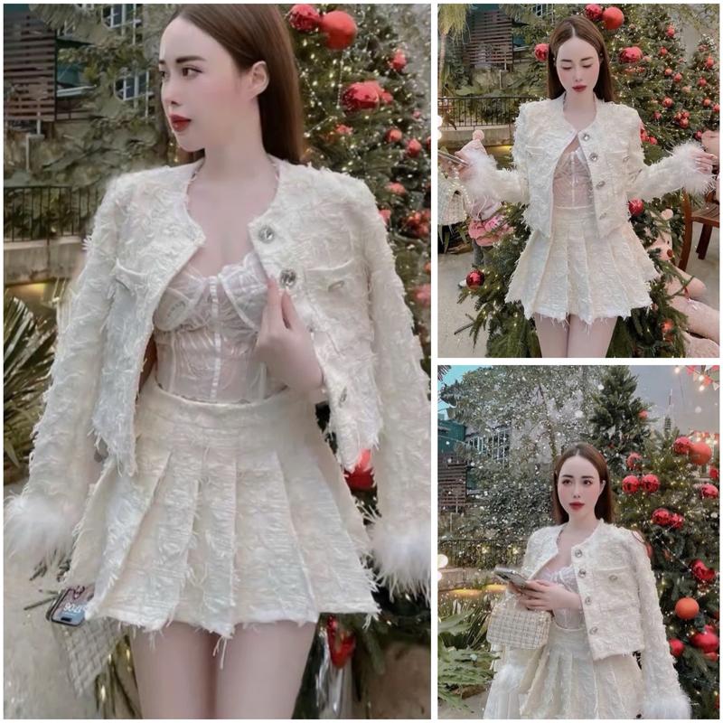    Hàng Sẵn  Sét Bộ Áo Khoác Dạ Lông   Có Đệm Cầu Vai  Mix Cúc Ngọc Ống Tay Dài Viền Lông Kèm Chân Váy Dập Ly Tiểu Thư 