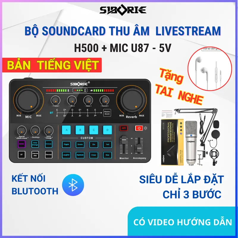 [SIBORIE] [TIẾNG VIỆT] Bộ SoundCard (H500 + MIc U87) Hát livestreams cao cấp , thu âm , karaoke tại nhà  ,  đi kèm đầy đủ dây chuyển đổi , tai nghe , giá đỡ Mic hỗ trợ Android và IP blutooh 0