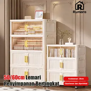 【Stok terbatas】Rumara Lemari Plastik Lipat 2–6 Susun｜50/60cm Kapasitas Besar｜Pintu Ganda + Roda｜Handle Emas Mewah