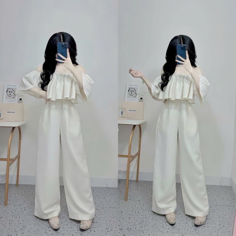  Set đồ nữ thiết kế chất mango áo trễ vai xếp ly kèm quần suông ống rộng   Lưng Chun   dáng dài xinh xắn 