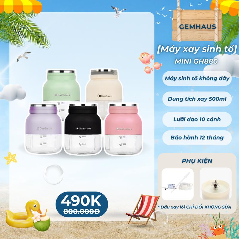 [6 MÀU] Máy xay sinh tố dùng pin sạc mini Gemhaus GH880s dung tích xay 500ml, dung tích đựng nước 800ml, có kèm dây đeo cổ và nắp đậy, bảo hành 12 tháng, đầu xay lỗi chỉ đổi không sửa.