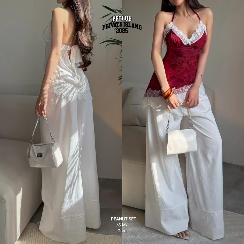  SET ÁO LỤA CỔ YẾM PHỐI REN PEANUT + QUẦN DÀI LINEN ỐNG RỘNG MACARON - FRIENDS FOREVER CHÍNH HÃNG 