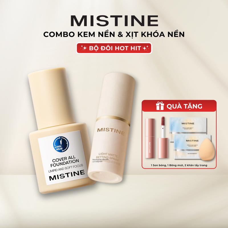   COD  TẶNG 4 QUÀ | Combo Kem nền Mistine che phủ hoàn hảo kiềm dầu tốt 30g + Xịt khóa nền lâu trôi  kiềm dầu tốt 30g +  TẶNG  1 Son bóng 1 Mút trang điểm 2 Khăn ướt tẩy trang 