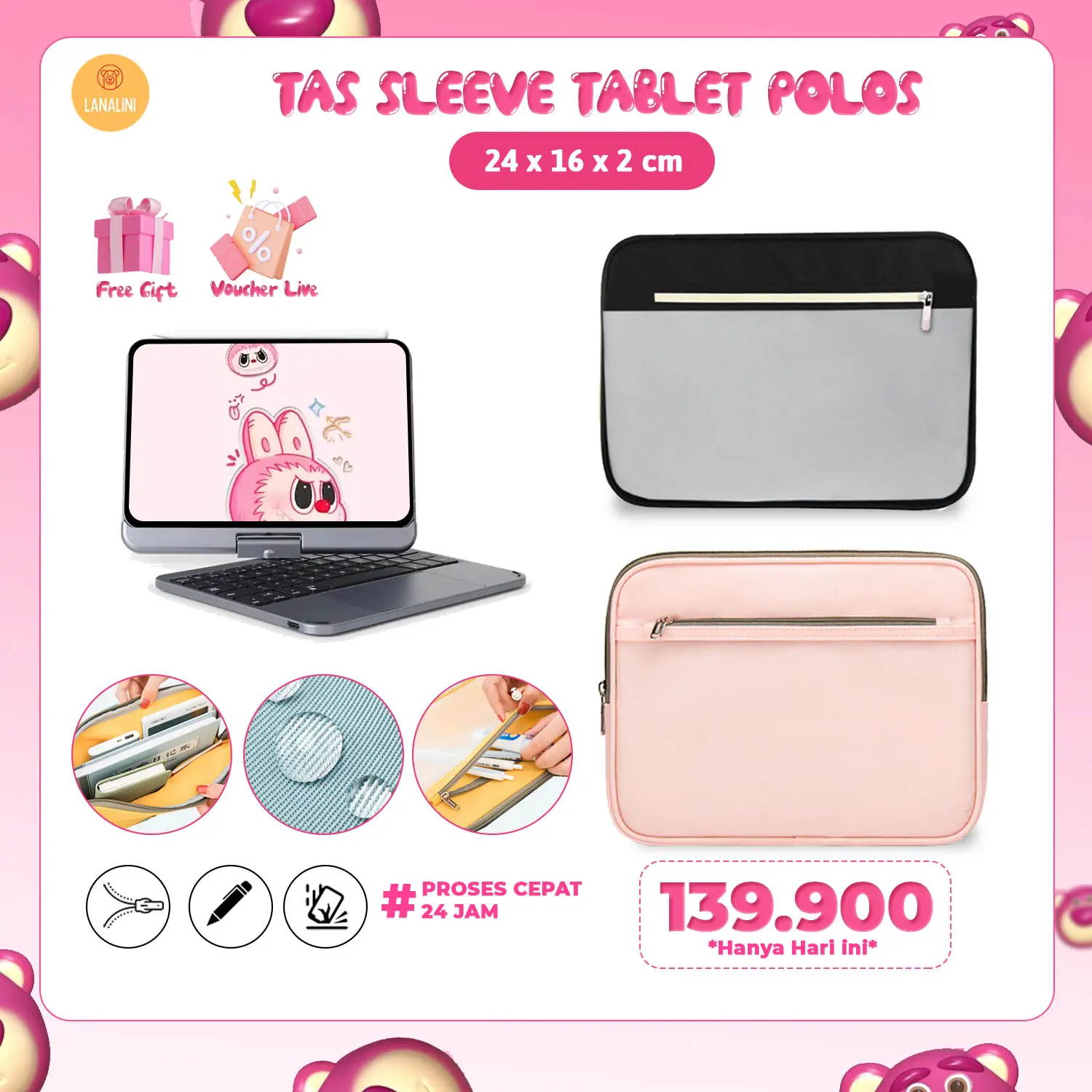 Tas Tablet Mini 6 7 8 9 inci Sarung Pelindung Empuk Anti Air Desain Simpel Warna Polos Pink Hitam