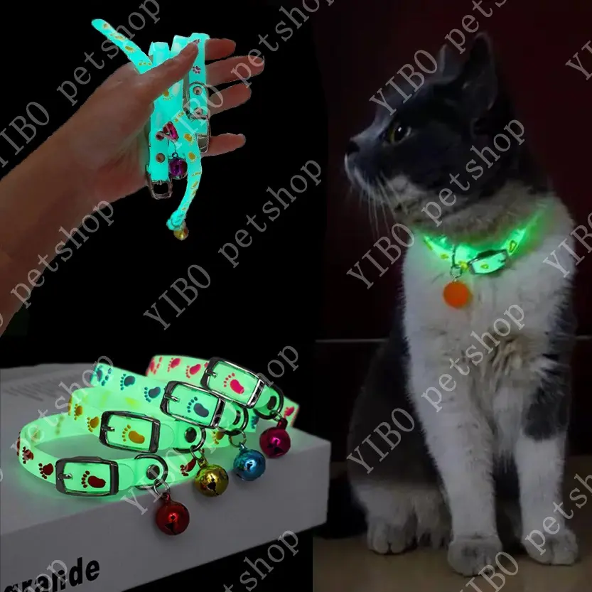 A1Dogs and Cats Collar with Glowing Bells Glow At Night Cat Collar Necklace Chain Light Luminous Dog Neck Ring