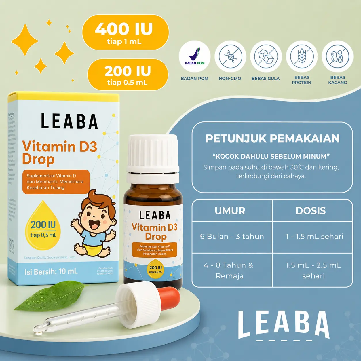 LEABA Vitamin D3 400 IU Tetes 10 ml untuk Anak Suplemen Vitamin D Membantu Memelihara Fungsi Imun & Kesehatan Tulang