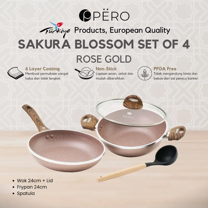 [Exclusive Koko Panci PO 10 Juli] Pero Hampers Ramadhan Sakura Blossom Granite Cookware 24cm Set of 4 Glass Lid /  Pero Hampers Lebaran Wajan Set Penggorengan Frypan dengan Tutup Kaca Free Spatula Silicone / Kitchenware 1