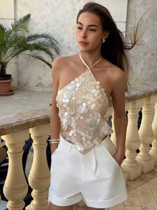 Top de halter sin espalda con cuentas para mujer, perfecto para fiestas de vacaciones en la playa, elegante y con estilo para el verano, ropa de fiesta elegante