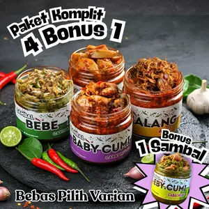 La Genyo Paket 4 Sambal Gratis 1 Total 5 Varian Rasa - Cumi Cabai Merah Hijau Cakalang Teri Bebek Jengkol Bawang Pilihan Rasa Khas Tingkat Kepedasan Sedang dan Extra Pedas