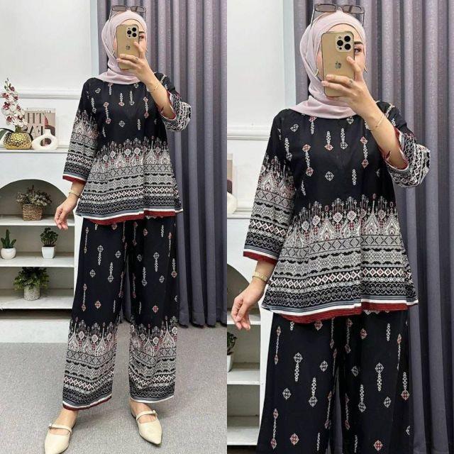 Setelan Wanita Oneset Wanita Setelan Rayon Celana Kulot Atasan Rempel Bahan Rayon Motif Adem Dan Nyaman  Baju Dewasa Remaja Panjang Santai Muslim Bawahan Lembut hitam Busui Rayon Premium Exclusive Kekinian Lebaran Atasan Wanita Celana Kulot