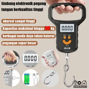 【Pegangan Lebar Anti Sakit Tangan】Timbangan Genggam Digital 50kg timbangan elektronik portabel pegang tangan timbang pegang tangan timbang digital pegang tangan, Baterai Tahan Lama untuk Belanja & Memancing