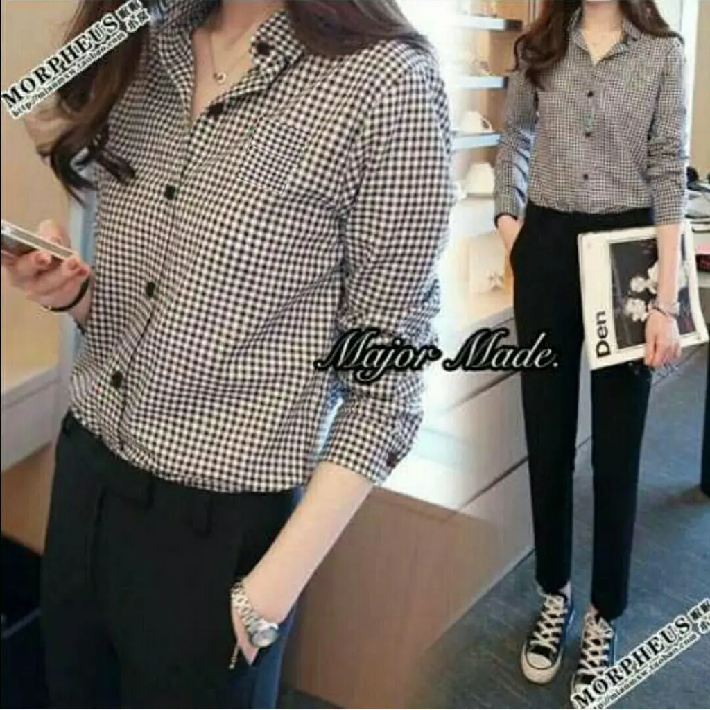 RF - Kemeja / Kemeja wanita / Kemeja kotak / Kemeja francis motif kotak kecil bahan katun kotak premium halus  ukuran M  LD 90cm  Panjang 60cm  tangan panjang  kancing hidup. (READY).kl
