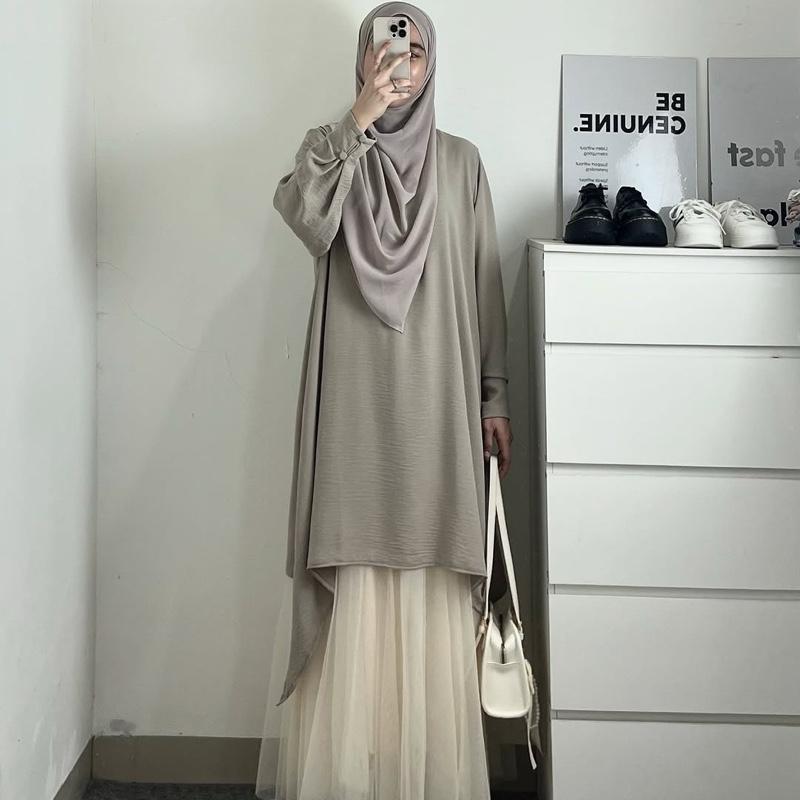 Haura Tunik By Safalunaku Midi Dress Simple Elegant Malaysian Look Crinkle Premium Muslim Wanita Gamis Airflow Atasan 1