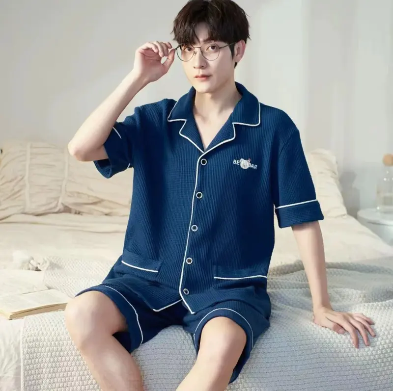 Baju tidur piyama cowok pendek bahan kaos katun kra kancing 1