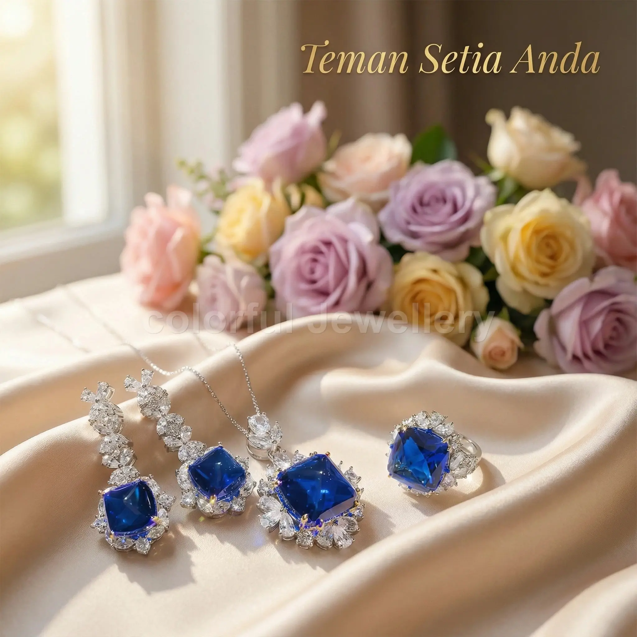 COLOS24B Liontin berlian penuh menara gula safir Klein kelas atas untuk wanita, anting-anting, set cincin terbuka