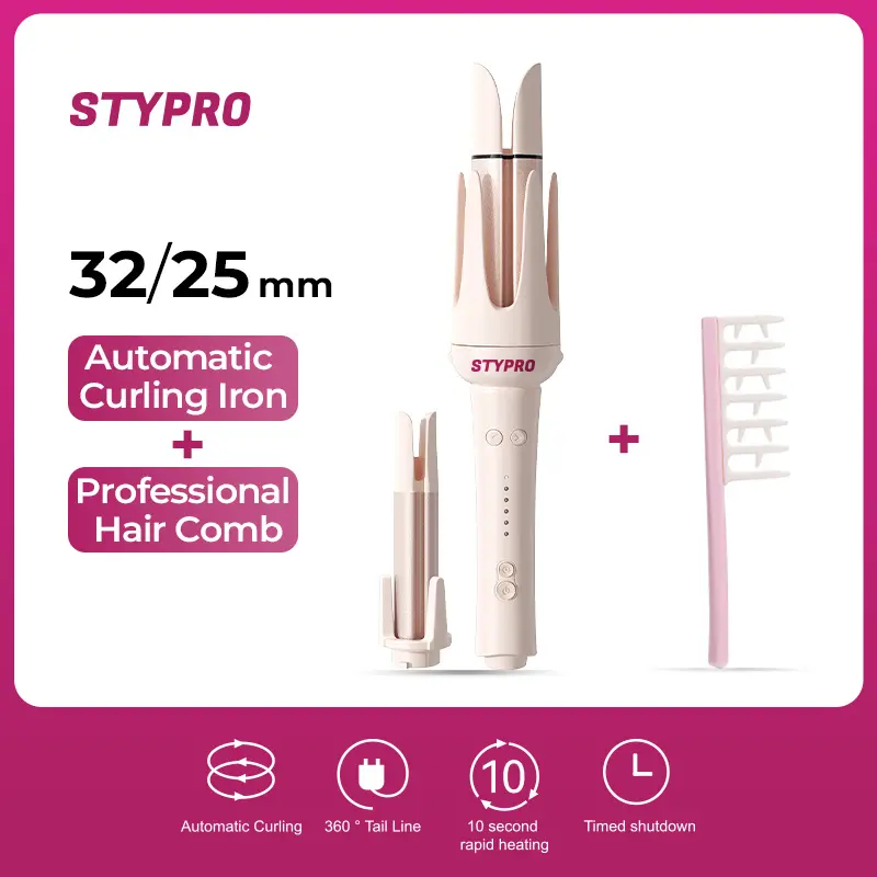 STYPRO Multi In One Automatic Curling Iron Pink 25mm+32mm + Professional Hair Care Comb | Catokan Keriting Otomatis Hair Styler Curly | Sisir Tanduk Sisir Rambut Keriting ST-40014002