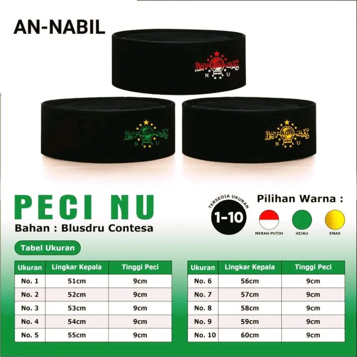 Peci Hitam Bordir NU Bahan Blusdru Contesa Tersedia Ukuran Anak-anak dan Dewasa Pilihan Warna 1-10 Songkok Muslim Kopiah