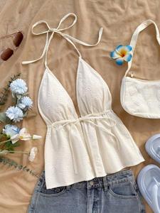 Top halter tejido para mujer sin espalda, estilo de vacaciones de verano con diseño de cordón, moda sexy y chic, perfecto para fiestas, vacaciones en la playa y salidas