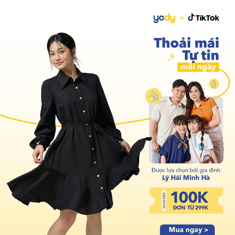 Đầm nữ YODY váy liền áo cổ sơmi tay phồng có đai eo bay bổng mềm mại WCDR25S017