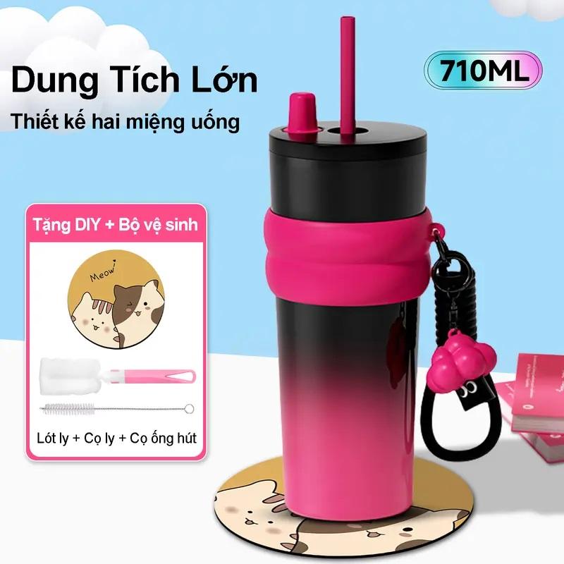MUA 1 TẶNG 3 (Tặng kèm lót ly + bàn chải ống hút + bàn chải vệ sinh) - Bình Giữ Nhiệt 316 Siêu Giữ Lạnh 710ml Inox 3 Lớp Chống Va Đập Màu Chuyển Sắc Thiết Kế Ô Tô Ống Hút Cố Định Tiện Lợi Dây Đeo Dày Dặn