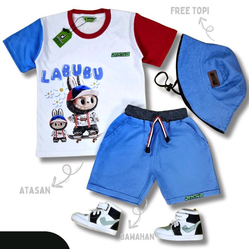 Gratis Ongkir/COD/(Free Topi)Setelan Baju Kaos Anak Distro Labubu Lengan Pendek usia 1-7 tahun By Patriot Kids 3
