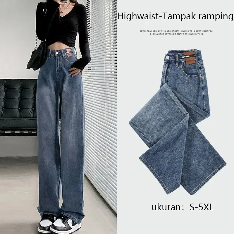 Celana Jeans Wanita High Waist Loose Murah Model Korea - Cewek oufit  jeans wide  jeans jeans  high biru retro streetwear outfit girl baggy Panjang ootd