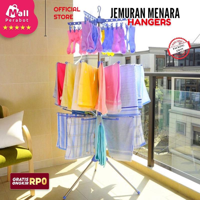 Mall Perabot | Jemuran Menara | Jemuran Bayi Hanger Baju Lipat Model Tiang 3 Susun | Gantungan Tower Cucian Bayi Jepitan Pakaian Plastik Rak Stainless 7
