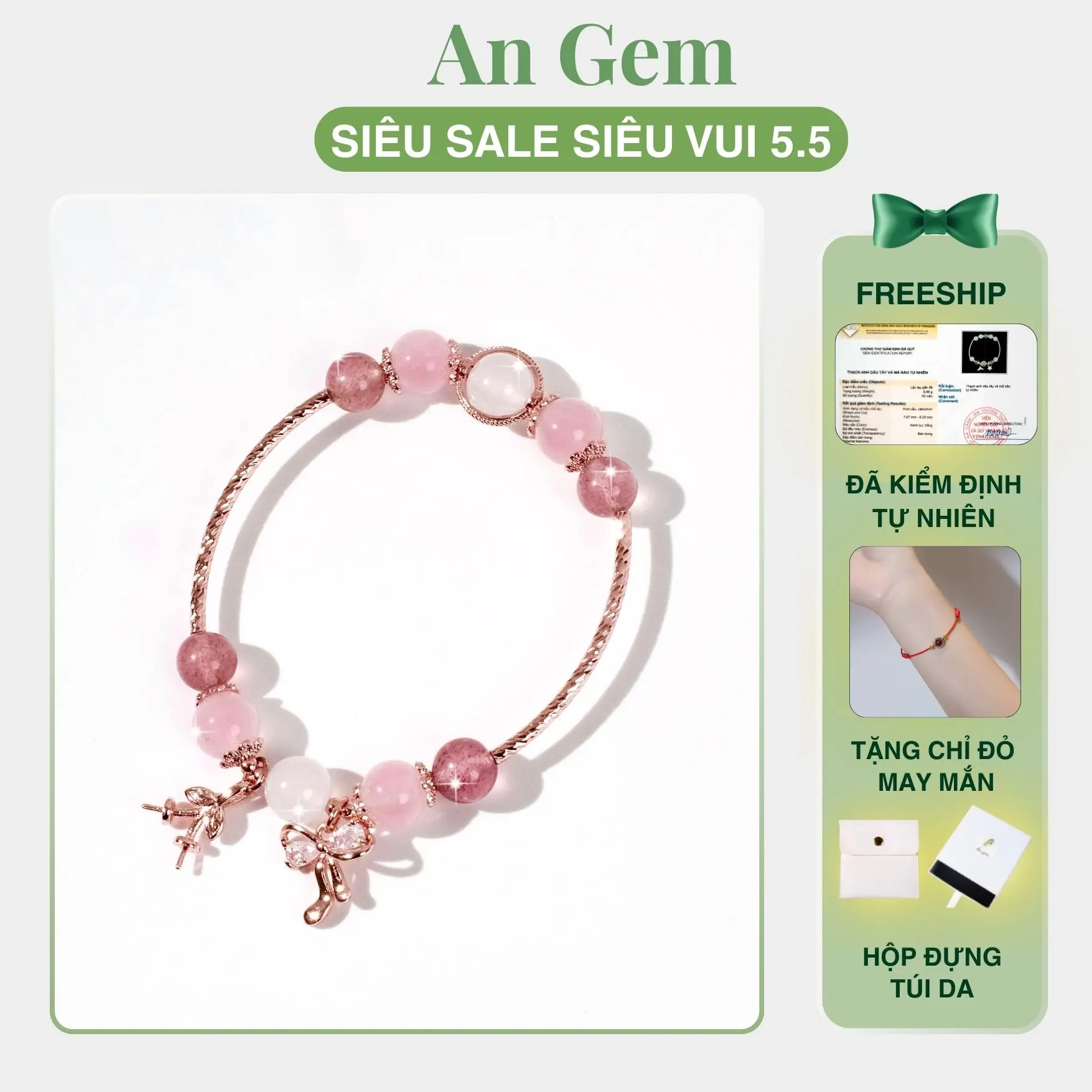 Vòng tay nữ đá tự nhiên mix charm vàng hồng An Gem, lắc tay đá phong thủy năng lượng tích cực phối charm nơ cherry tinh tế Bracelet Rose Gold phụ kiện quà tặng sinh nhật giáng sinh Noel Tết Valentine  [TẶNG VÒNG CHỈ ĐỎ]