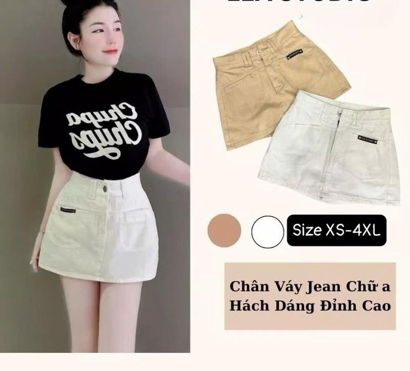 (BIGSize XS-4XL)_ Chân Váy Jean Ngắn A Không Giãn Cho Nữ Mạc Da Viền Túi Vải Cotton Dày Dặn Màu Trắng-Kem