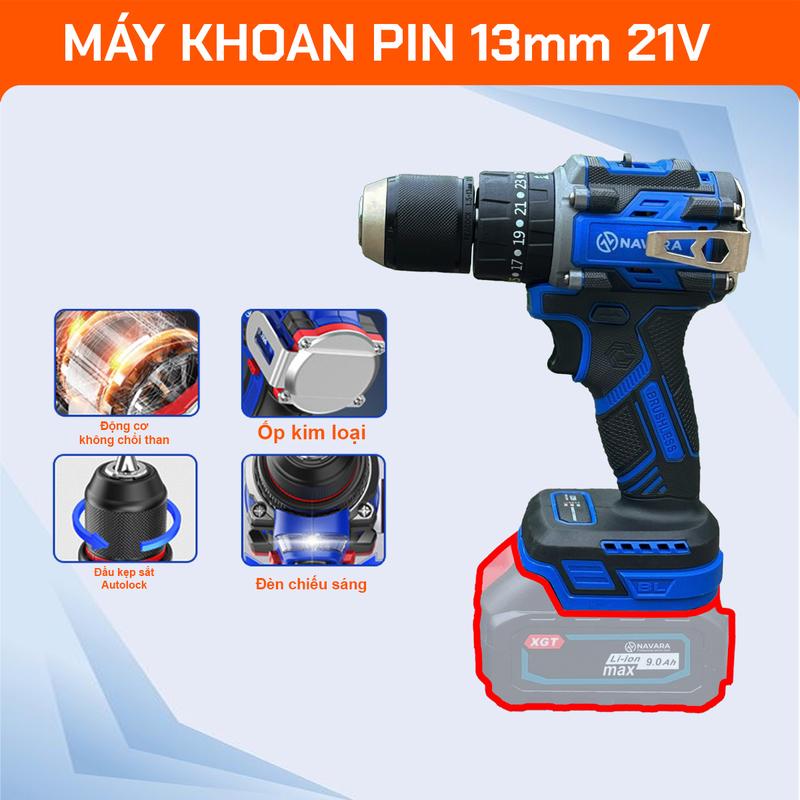 Máy Khoan Pin 13 Ly Navara 7008, 3 Chức Năng, Đầu Kẹp Autolock, Có Khóa Trục, Động Cơ Từ Không Chổi Than, Lõi Đồng, Chân Pin Phổ Thông Makita
