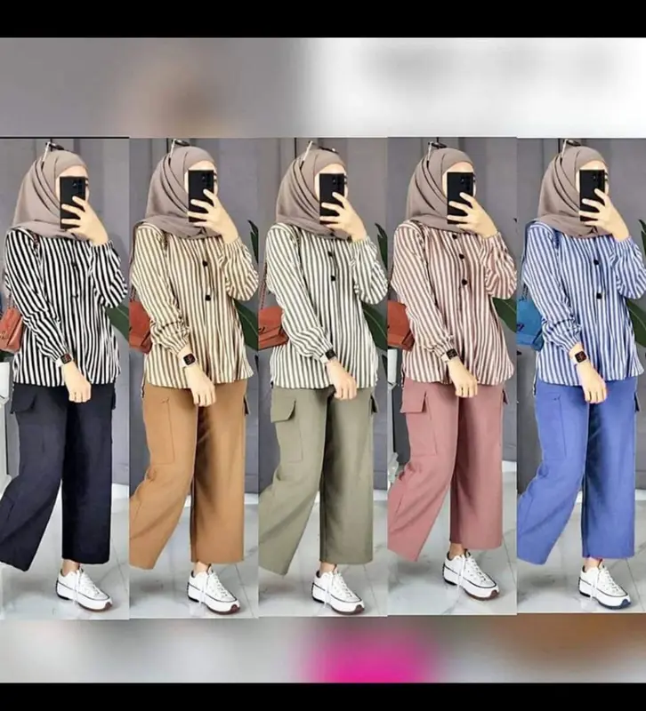 Set Baju dan Celana Kargo  Terbaru Ramosa untuk Wanita Muslim Wanita Setelan Airflow Atasan Panjang Dewasa Motif 5