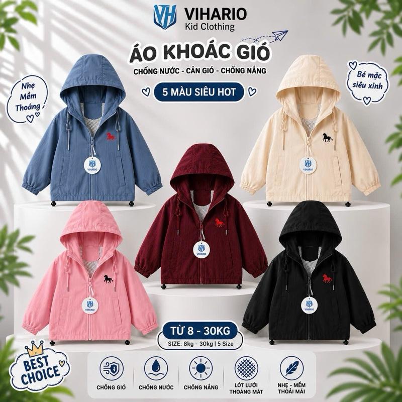 [LOGO Thêu] Áo Khoác Gió Bé Trai Bé Gái VIHARIO – Áo Gió Có Mũ Chống Nắng Cản Gió, Lót Lưới Thoáng Mát 8–30kg
