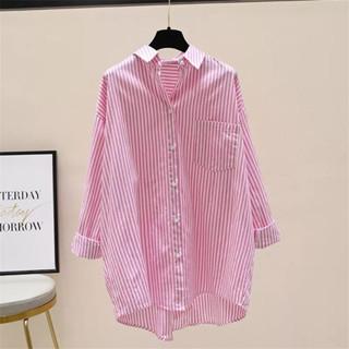 Briana Kemeja - Size S M L XL XXL 3XL 4XL/5L - Kemeja Wanita Jumbo - Kemeja Salur Jumbo - Kemeja Salur Jumbo - Kemeja Wanita Big Size Atasan Panjang Baju Kancing Katun Casual Kerja Oversize Navy Cewek 2