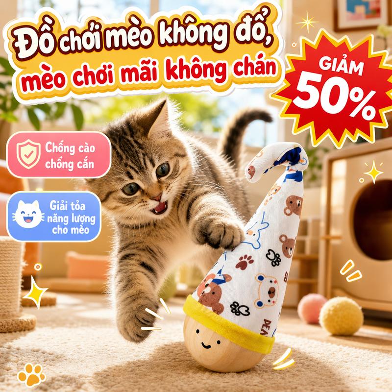 Đồ chơi cho mèo bằng gỗ dạng không đổ, chống cào và chống cắn, tự chơi giúp giải buồn, que lông vũ để rượt đuổi, giúp tiêu hao năng lượng, hàng có sẵn
