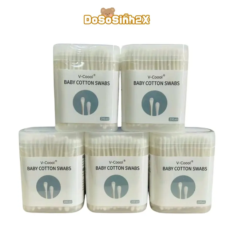 COMBO 5 HỘP Tăm bông trẻ em V-COOL đầu nhỏ cho bé sơ sinh, que giấy kháng khuẩn 200 que 2xmart