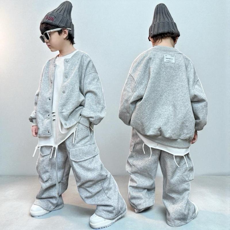 BABYBUYvip Q2531 - PHOM TO Bộ quần áo nỉ ghi lót lụa mỏng dáng bomber quần túi hộp to có bo gấu không gồm áo trắng cho bé trai và bé gái.