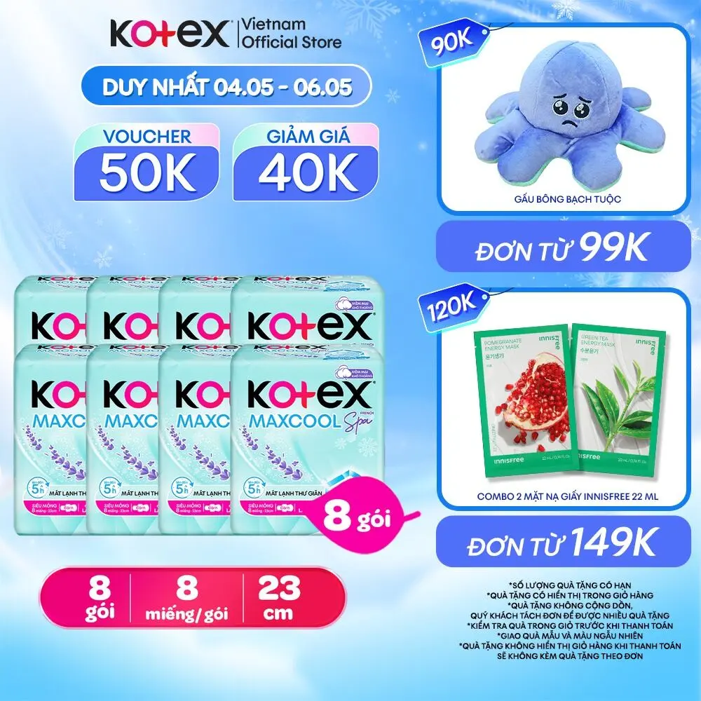 [Bao Bì Thay Đổi Theo Từng Đợt Nhập Hàng] Combo 8 gói/Combo 16 gói băng vệ sinh Kotex Maxcool French Spa siêu mỏng cánh 23cm (8M/gói)