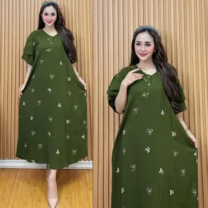 Daster Busui  Wanita  Lengen Tumpuk - Dress Jumbo Motif Pita Bahan Rayon - Kancing