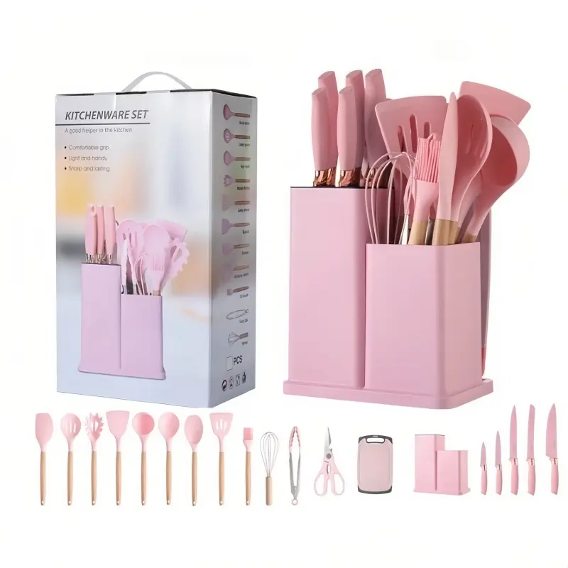 SG Kitchen Cooking Utensils Set with Non-Stick Spatula, Spoon, Cutter, Whisk, and Wooden Silicone Handle Heat Resistant Cookware - 19PCS - Bpa