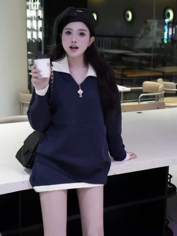  Set Len Nữ 2 Món Áo Dài Tay Phối Cổ Trắng Mix Chân Váy Len Ôm Mềm Mịn Tôn Dáng Hàng QC Cao Cấp - LIING 